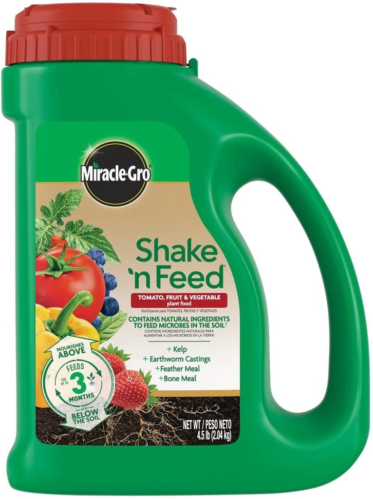 Miracle-Gro Shake 'N Feed Tomato, Fruit, & Vegetable Feed 4.5-lb. Jug: $13 Miracle-Gro Shake 'N Feed Tomato, Fruit, & Vegetable Feed 4.5-lb. Jug: $13