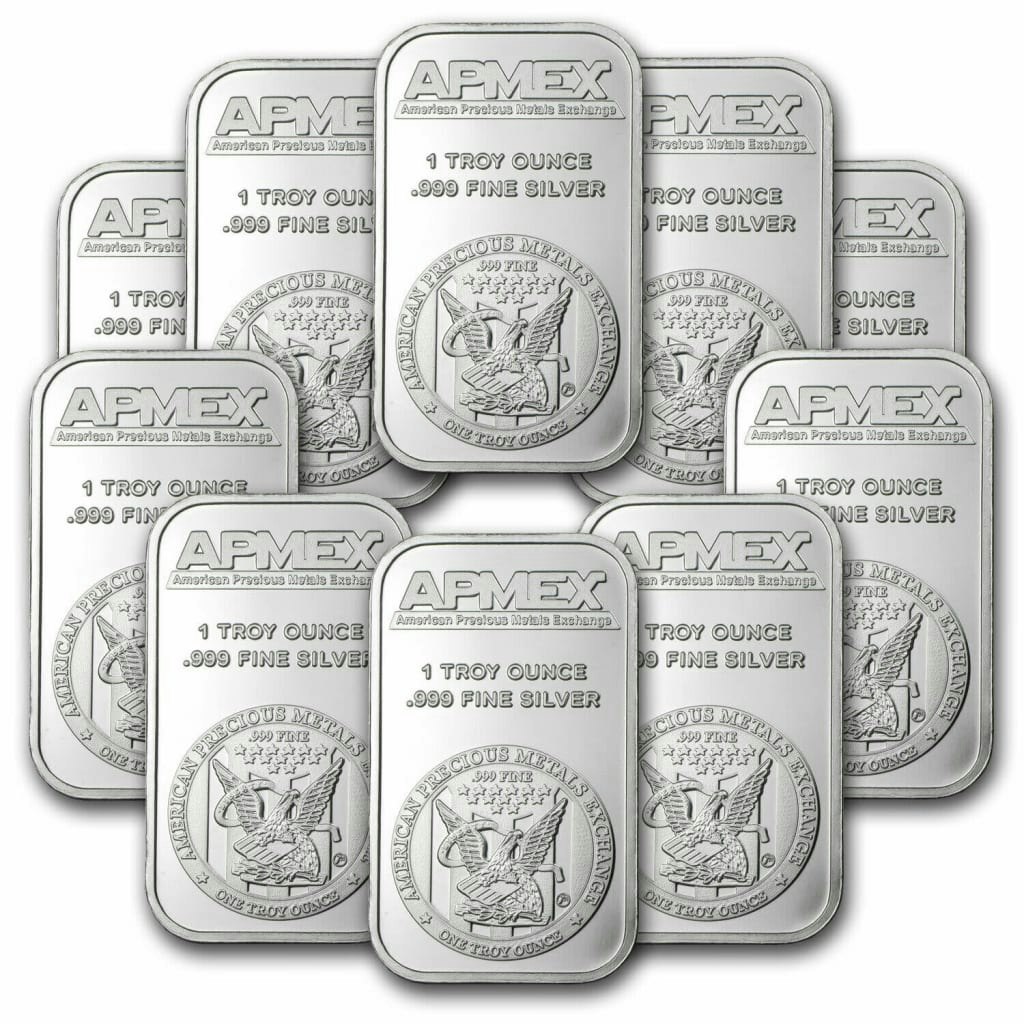 APMEX 1-oz. Silver Bar Lot of 10: $672 APMEX 1-oz. Silver Bar Lot of 10: $672