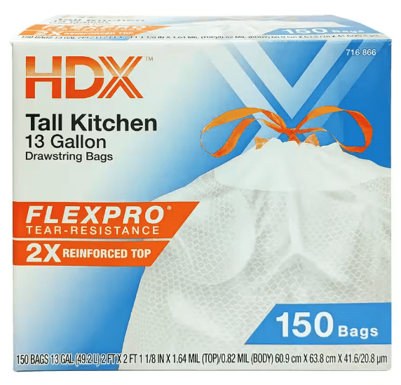 HDX FlexPro 150-Count 13-Gallon Reinforced Top Drawstring Kitchen Trash Bags: $16 via Subscription HDX FlexPro 150-Count 13-Gallon Reinforced Top Drawstring Kitchen Trash Bags: $16 via Subscription