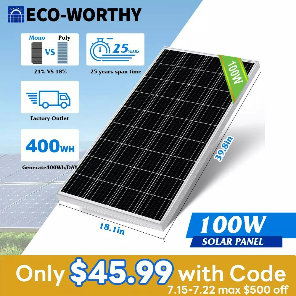 Eco-Worthy 100W 12V Monocrystalline Solar Panel: $45.99 Eco-Worthy 100W 12V Monocrystalline Solar Panel: $45.99