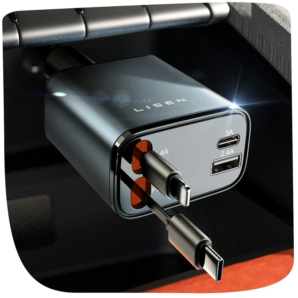 Lisen 4-in-1 USB-C / Lightning Retractable Car Charger: $16.12