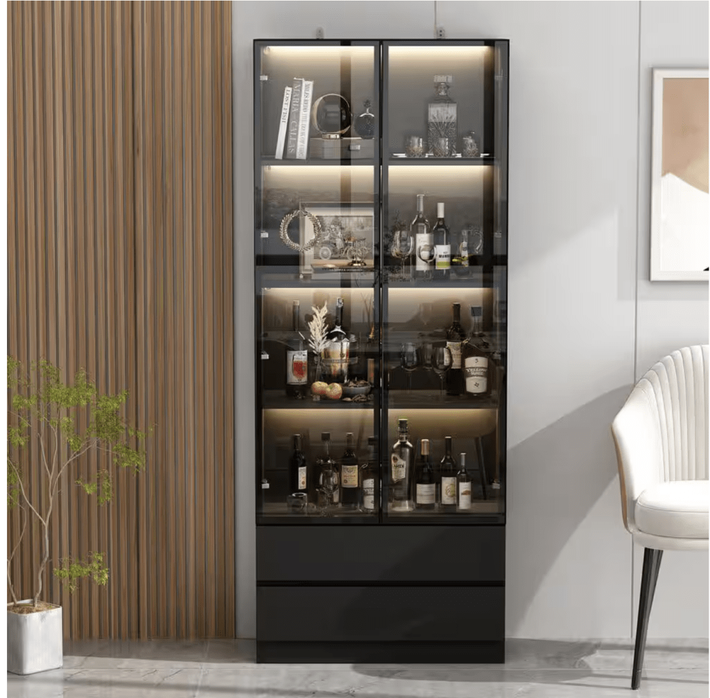 78" Storage Cabinet w/ Glass Doors, Shelves, & LED Lights: $208 78" Storage Cabinet w/ Glass Doors, Shelves, & LED Lights: $208