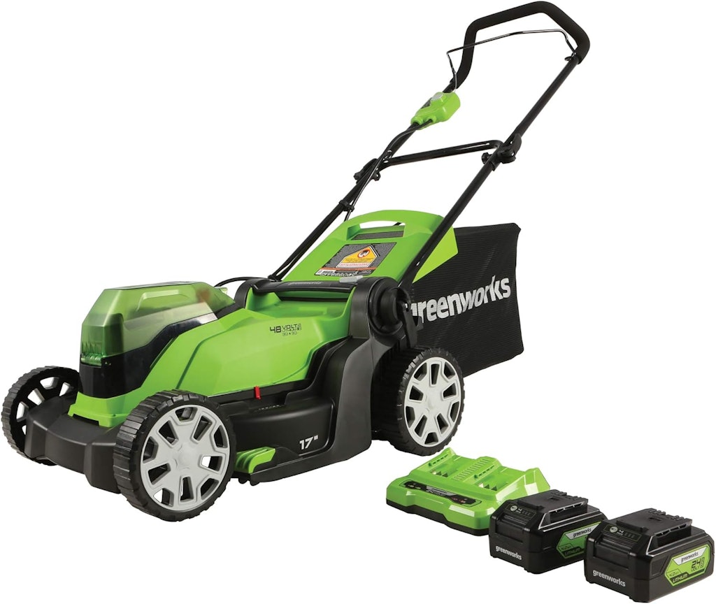 Greenworks 48V (2 x 24V) 17" Cordless Push Lawn Mower w/ Two 4.0Ah Batteries and Charger: $204