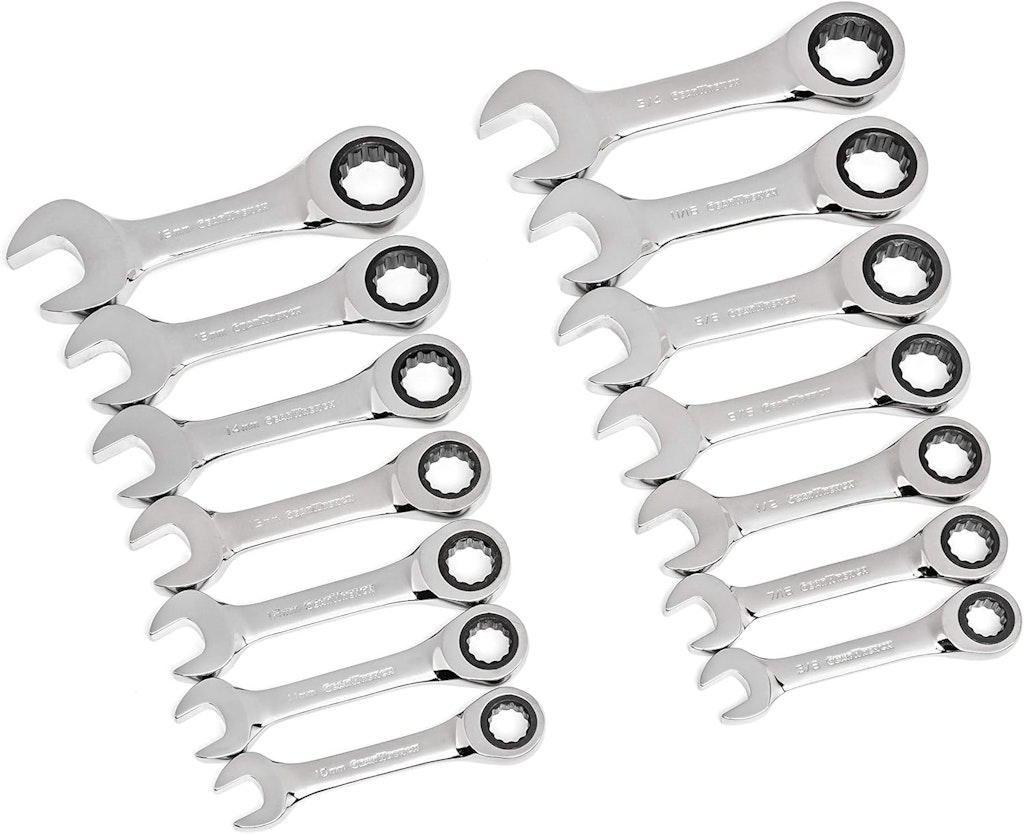 GearWrench 14-Piece 12 Point Stubby Ratcheting SAE/Metric Combination Wrench Set: $35