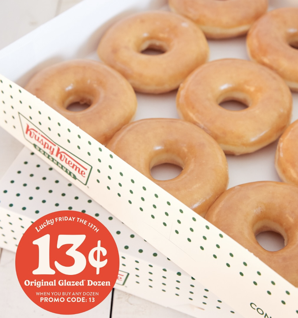 Krispy Kreme Friday the 13th Special: Glazed dozen for 13c when you buy another dozen Krispy Kreme Friday the 13th Special: Glazed dozen for 13c when you buy another dozen