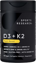 Sports Research Vegan D3 5000iu w/ Vitamin K2 100mg 60-Softgels for $17 w/ Prime + free shipping