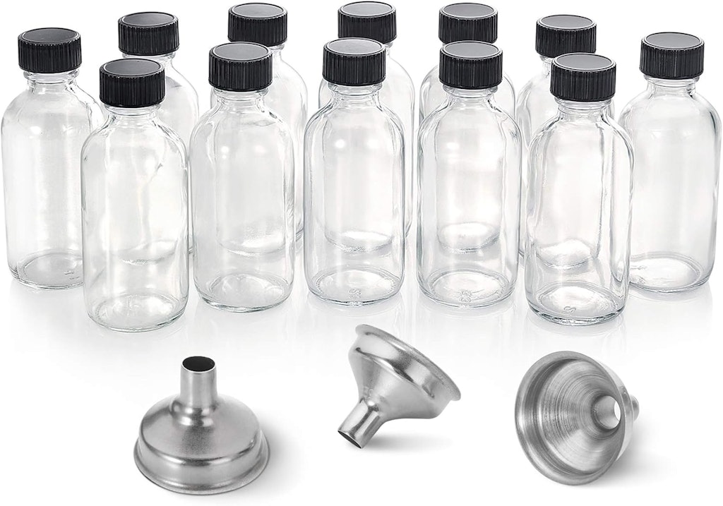 2-oz. Small Clear Glass Bottles 12-Pack w/ 3 Funnels: $10 w/ Prime