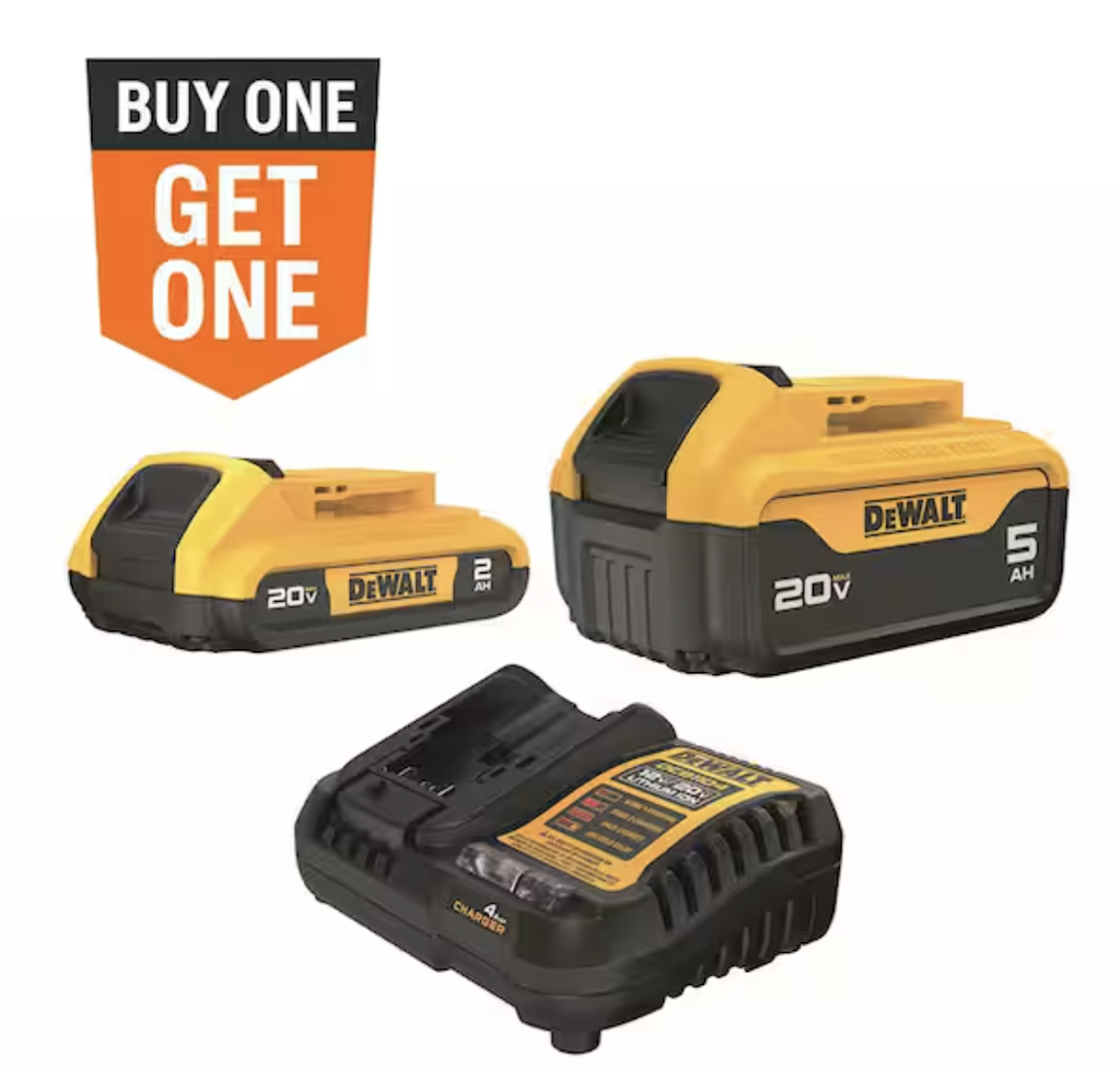 DeWalt 20V Lithium-Ion 5.0Ah and 2.0Ah Batteries w/ Charger: $199 w/ free tool worth up to $249 DeWalt 20V Lithium-Ion 5.0Ah and 2.0Ah Batteries w/ Charger: $199 w/ free tool worth up to $249