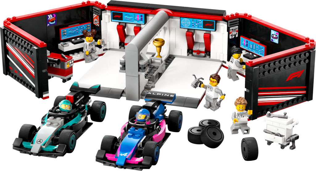 LEGO F1 Garage w/ Mercedes & Alpine Cars: $64