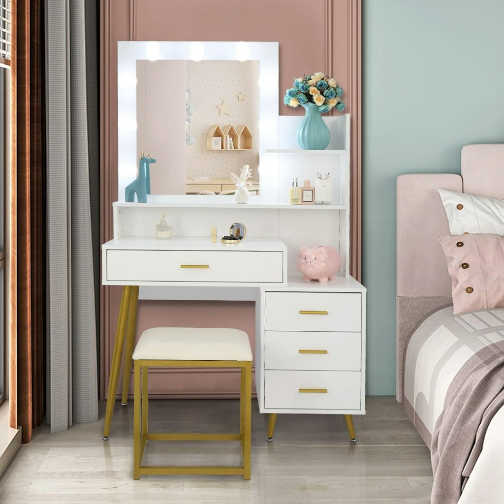 Ktaxon Vanity Table Set with Lighted Mirror and 4 Drawers: $110 Ktaxon Vanity Table Set with Lighted Mirror and 4 Drawers: $110