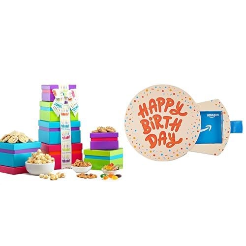 Broadway Basketeers Chocolate Tower w/ $50 Amazon.com Gift Card in Birthday Pop-Up Box : $45 Broadway Basketeers Chocolate Tower w/ $50 Amazon.com Gift Card in Birthday Pop-Up Box : $45