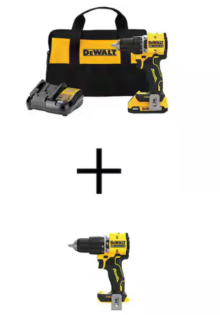 DeWalt Atomic 20V 1/2" Drill/Driver Kit and 1/2" Hammer Drill with 2Ah Battery and Charger: $199 DeWalt Atomic 20V 1/2" Drill/Driver Kit and 1/2" Hammer Drill with 2Ah Battery and Charger: $199