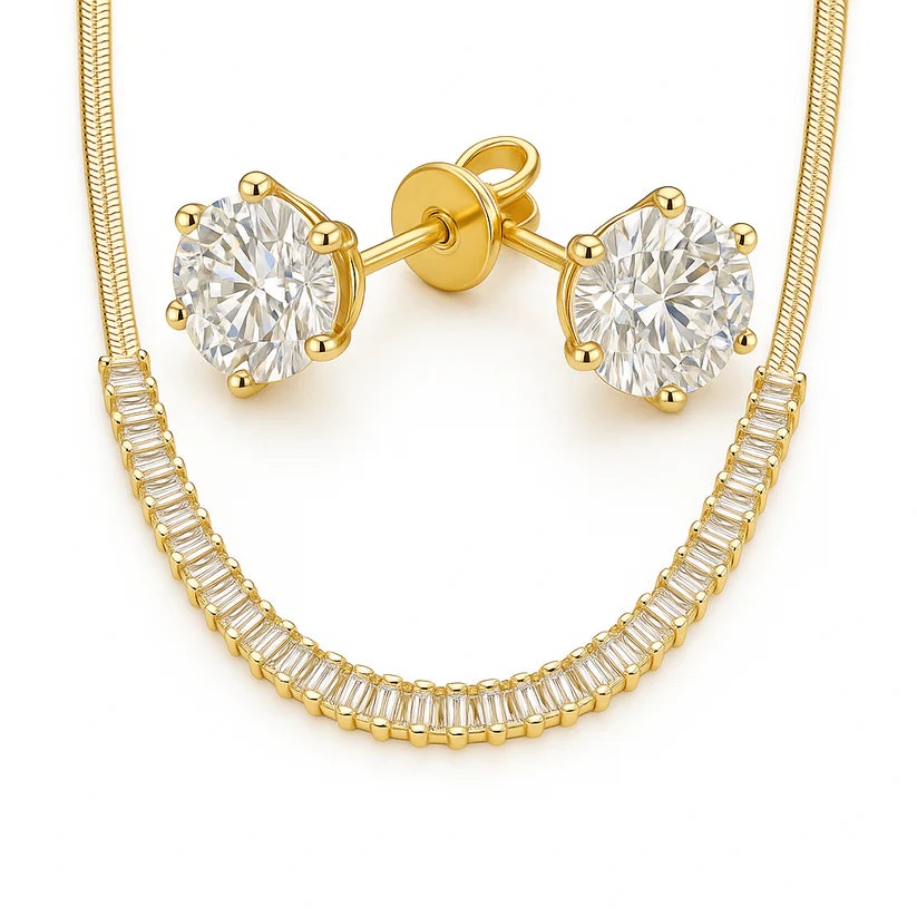 Baguette Necklace & Stud Earrings 2-Pack Gold Jewelry Set: $15 Baguette Necklace & Stud Earrings 2-Pack Gold Jewelry Set: $15