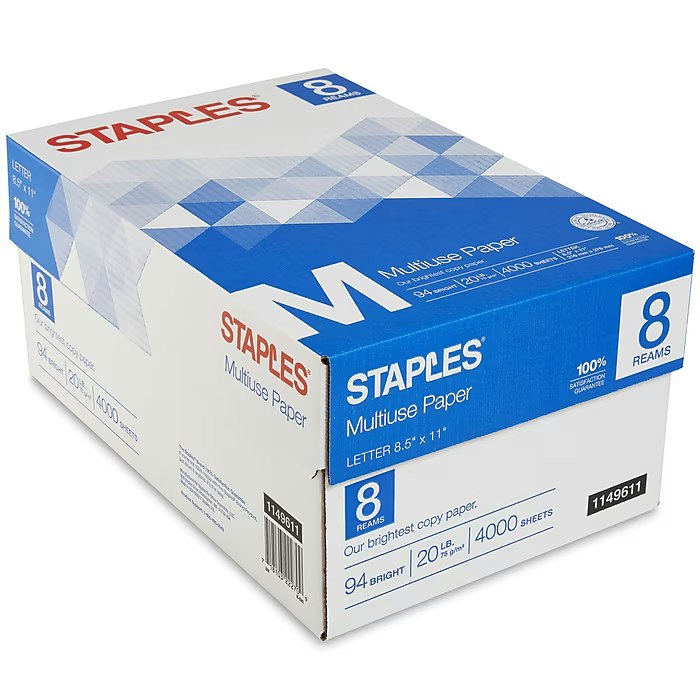 Staples 8.5" x 11" 8-Ream Multiuse Paper: $43
