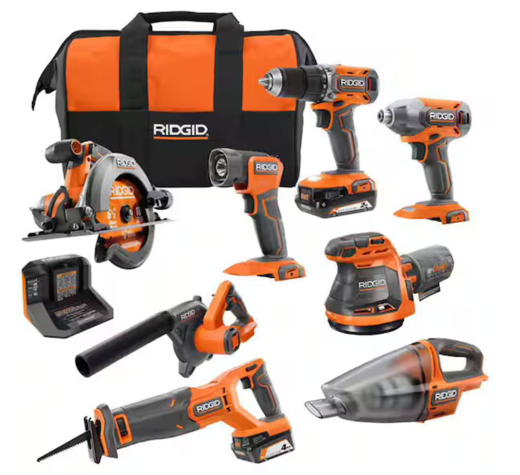 Ridgid 18V Cordless 8-Tool Combo Kit with 2Ah Battery, 4Ah Battery, Charger, and Tool Bag: $283 Ridgid 18V Cordless 8-Tool Combo Kit with 2Ah Battery, 4Ah Battery, Charger, and Tool Bag: $283