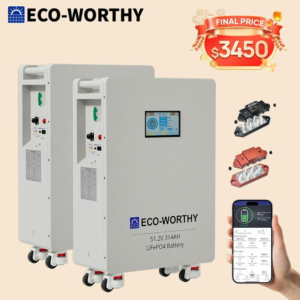 Eco-Worthy 48V 314Ah LiFePO4 Vertical Standing Backup Battery 2-Pack: $3,450 Eco-Worthy 48V 314Ah LiFePO4 Vertical Standing Backup Battery 2-Pack: $3,450
