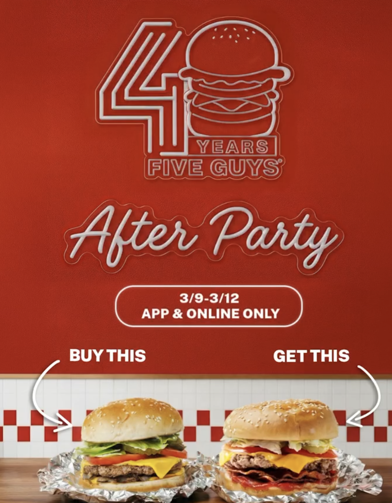 Five Guys Burgers: Buy one get one free Five Guys Burgers: Buy one get one free