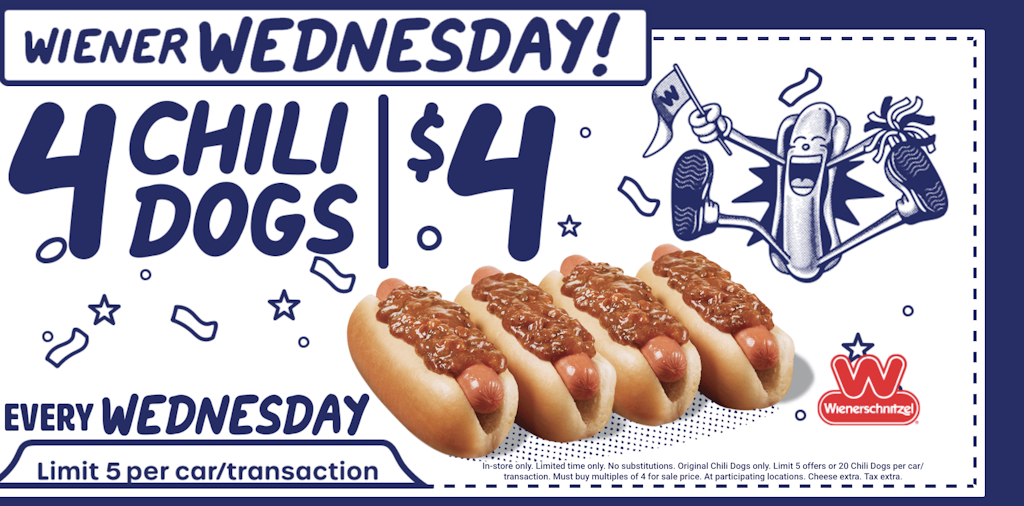 Wienerschnitzel Wiener Wednesdays: 4 chili dogs for $4