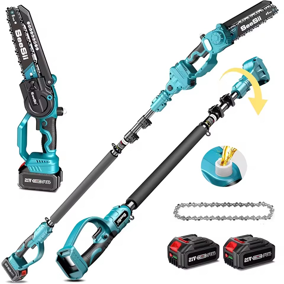 Seesii Cordless 8'' Electric Chainsaw w/ Extension Pole and 2 Batteries: $71