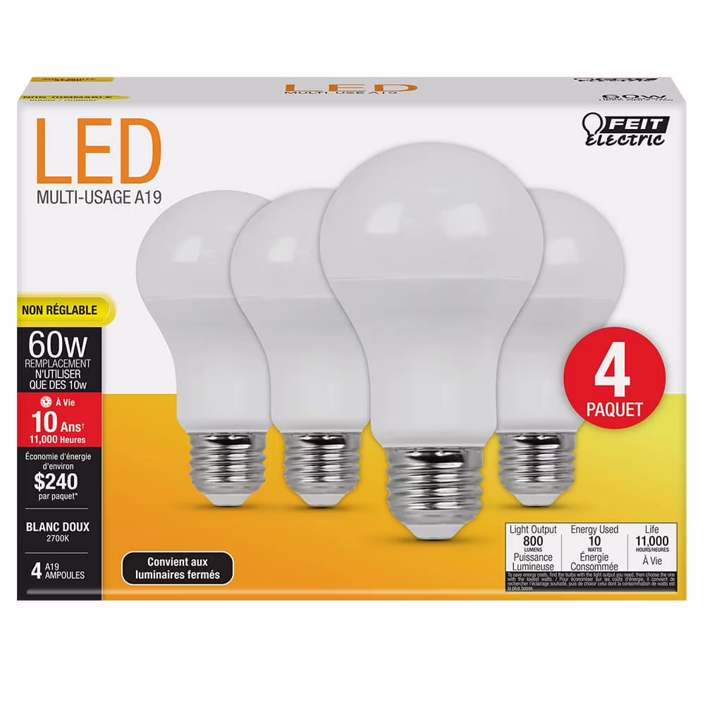 Feit Electric 60W-Equivalent A19 LED Light Bulb 4-Pack: $6.13
