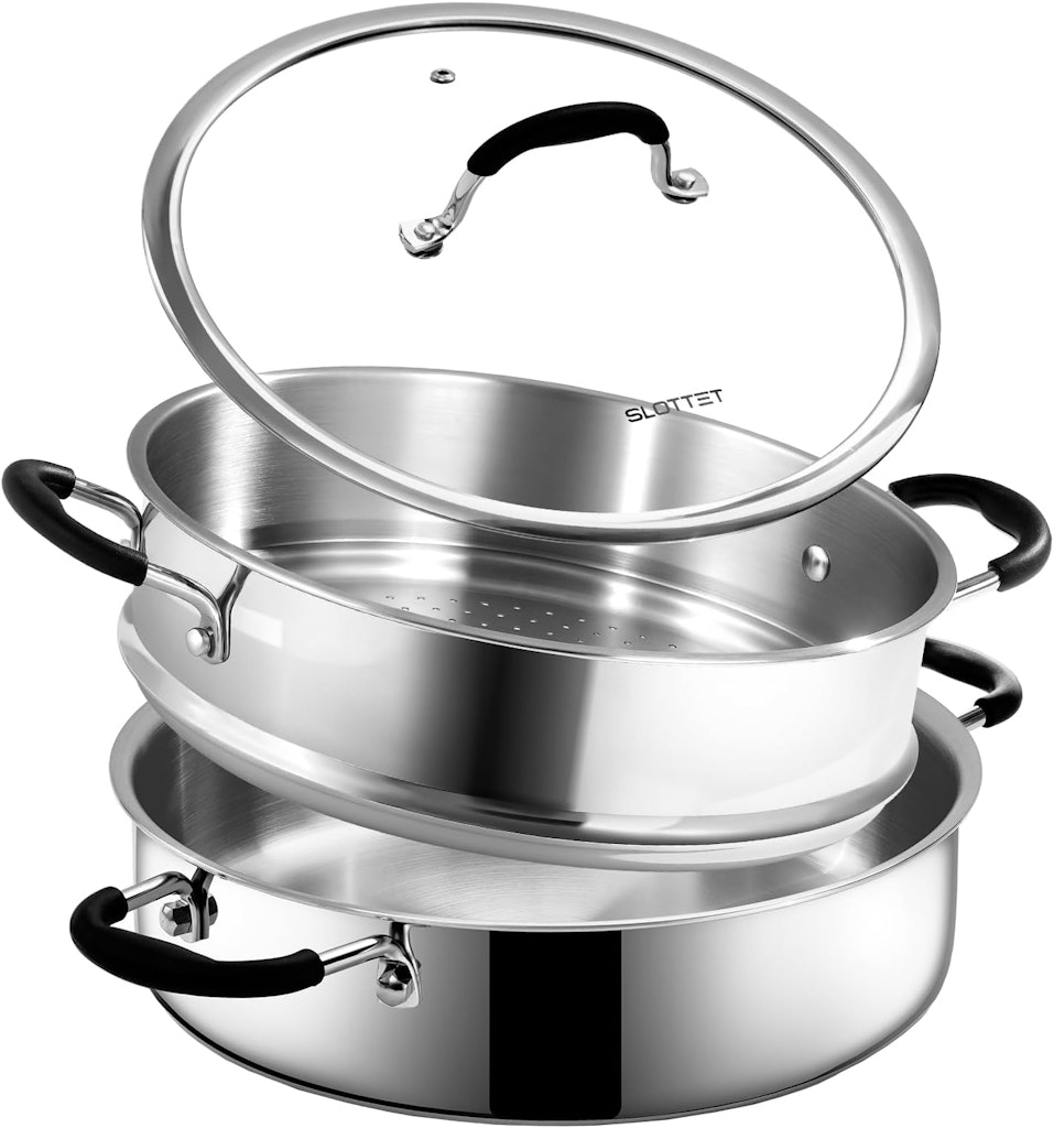 Tri-Ply Stainless Steel Saute Pan with Steamer: $25