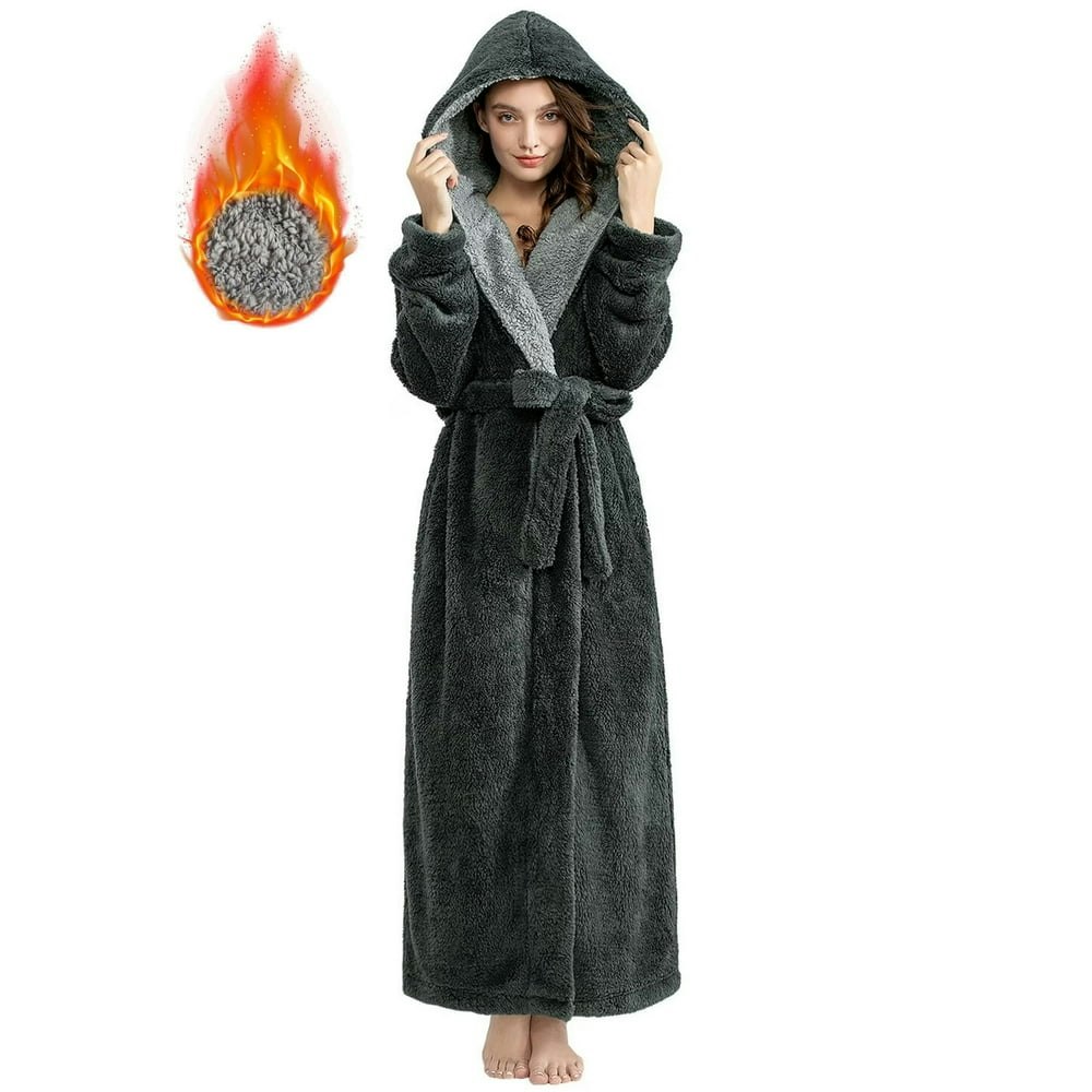 Amitofo Long Hooded Plush Bathrobe for Women Size L Gray: $28.69