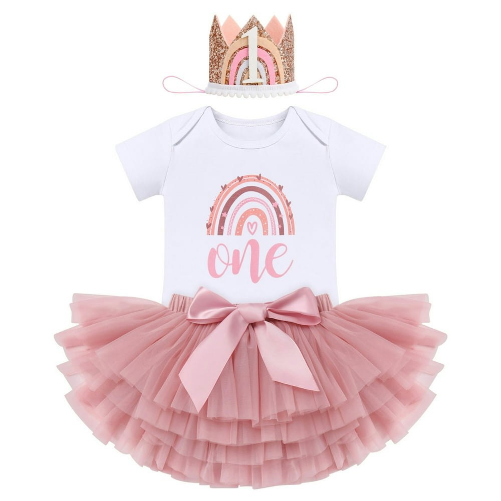 Idopip Baby Girls Boho Rainbow 1st Birthday Romper Tutu Skirt and Headband 3-Piece Outfit Set: $18.89