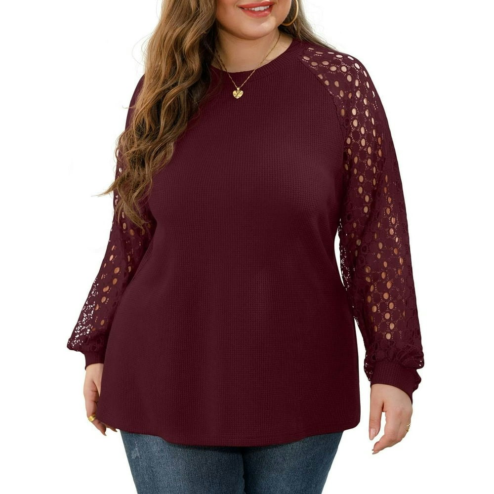 JWD Plus Size Women's Waffle Knit Lace Sleeve Long Sleeve Top 3X: $14.84