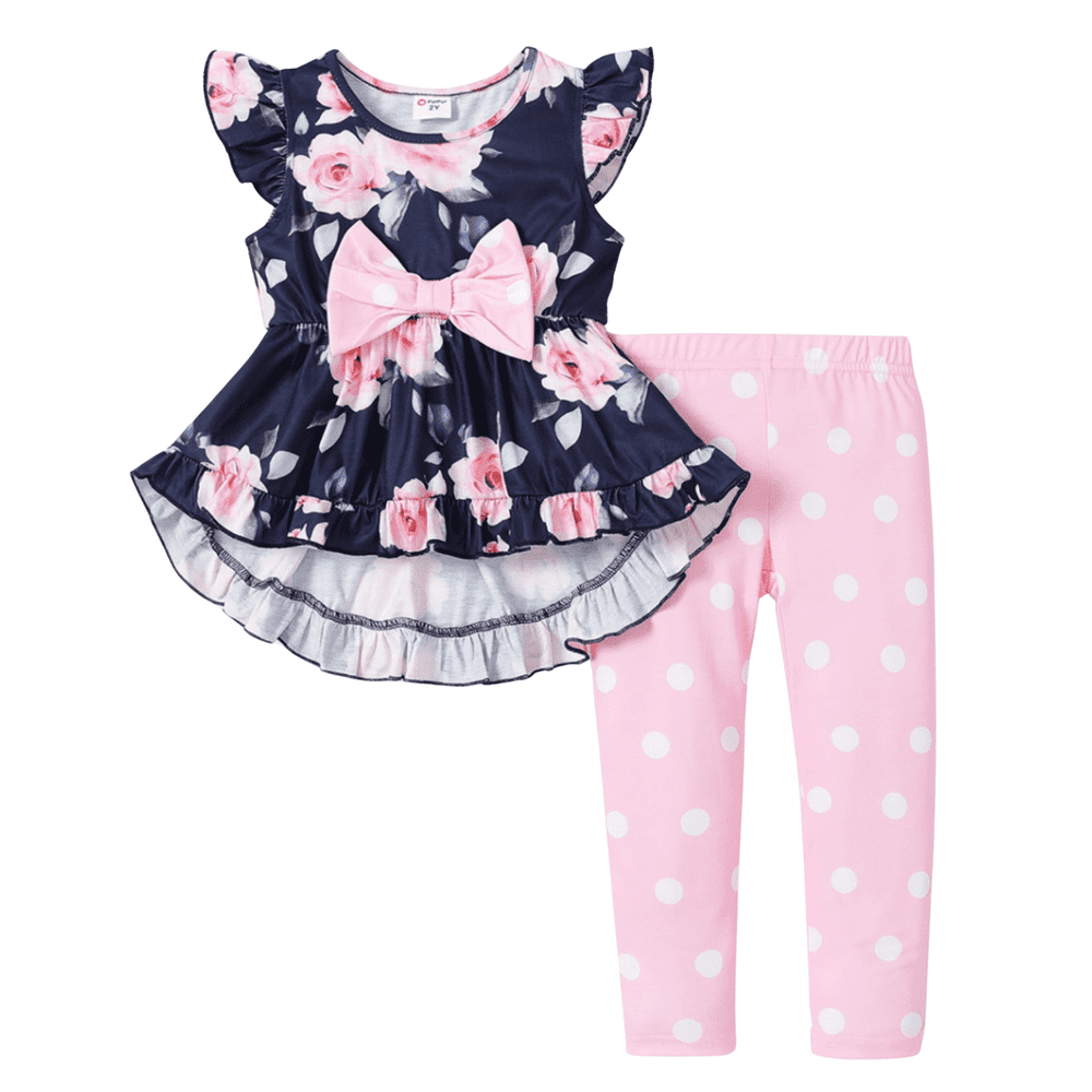 PatPat Toddler Girls Floral Ruffle Tee and Dots Pants Set 2T: $14.85