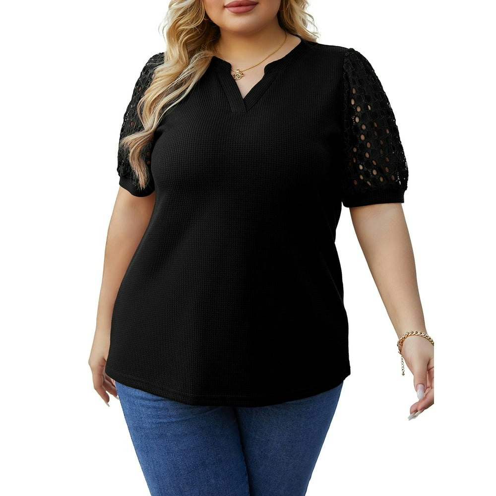 Cueply Women's Plus Size Waffle Knit Lace Short Sleeve Top: $14.79