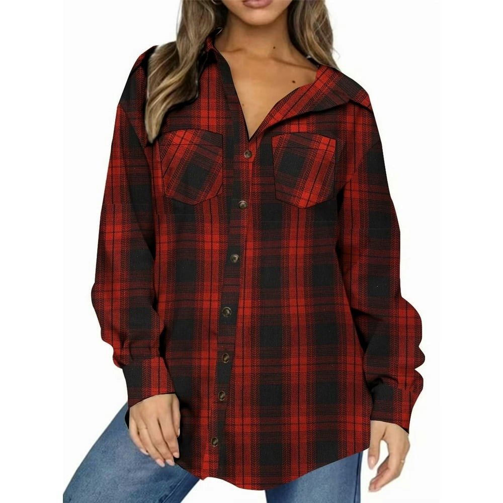 UVN Women's Oversized Flannel Plaid Button-Down Shirt with Pockets: $13.79