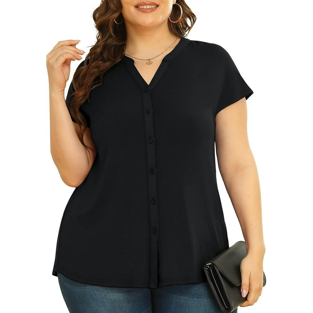Daystry Women's Plus Size Short Sleeve Button-Down V-Neck Shirt 3X: $14.73