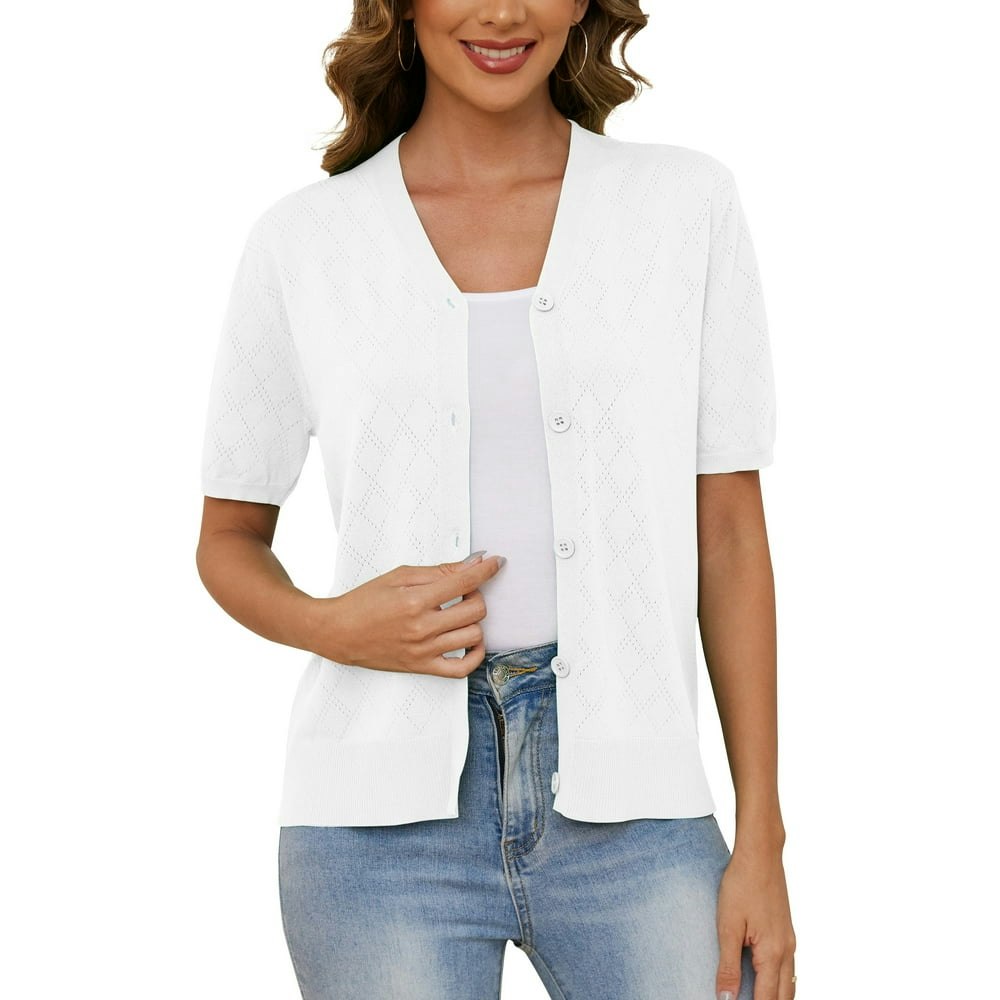 Uvplove Women's V-Neck Crochet Knit Short Sleeve Cardigan (S-2XL): $17.27 Uvplove Women's V-Neck Crochet Knit Short Sleeve Cardigan (S-2XL): $17.27