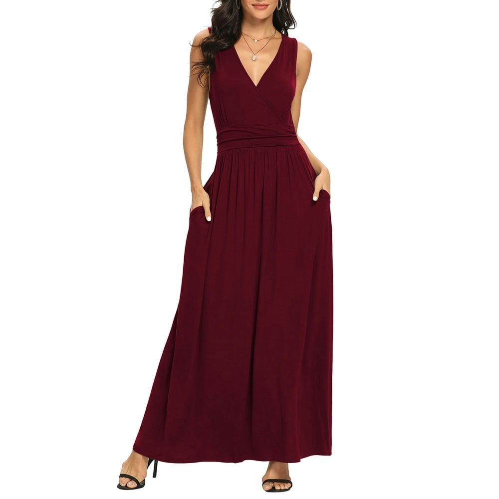 Asklazy Women's Sleeveless V-Neck Maxi Dress L Wine Red: $19.19