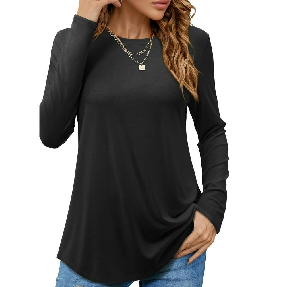 JYLFC Women's Long Sleeve Crew Neck Tunic T-Shirt Black L: $12.97