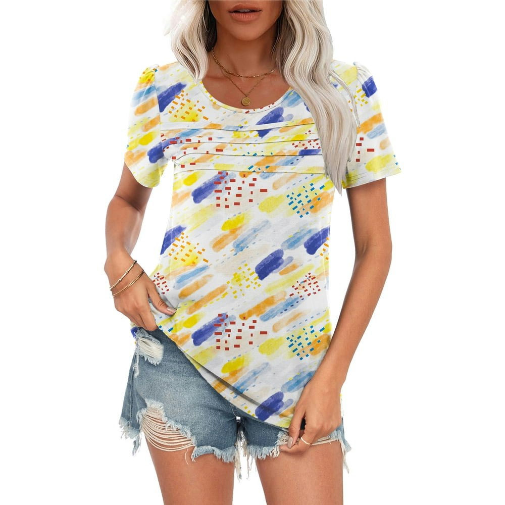 Wujinxia Women's Pleated Floral Short Sleeve Blouse: $6.66