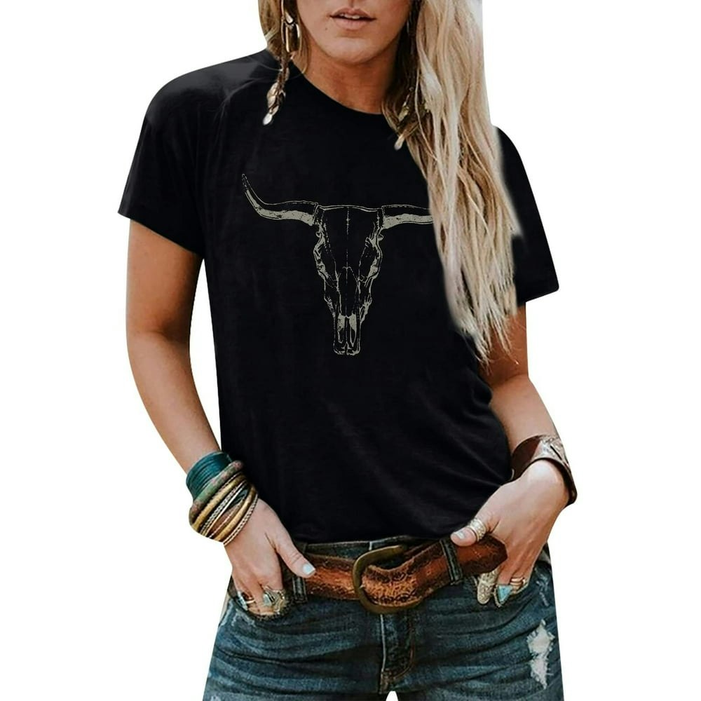 Mousya Boho Cow Skull Graphic T-Shirt for Women: $13.49 Mousya Boho Cow Skull Graphic T-Shirt for Women: $13.49