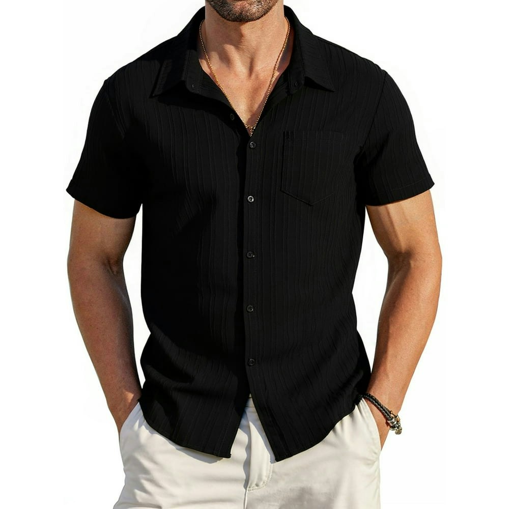 Haomeili Men's Short Sleeve Textured Button-Down Shirt with Pocket: $14.89 Haomeili Men's Short Sleeve Textured Button-Down Shirt with Pocket: $14.89