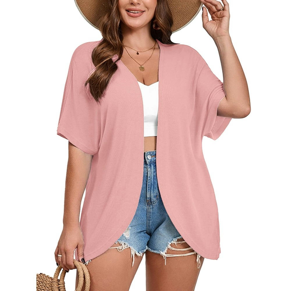 Showmall Women's Plus Size Short Sleeve Open-Front Cardigan 3X: $13.45