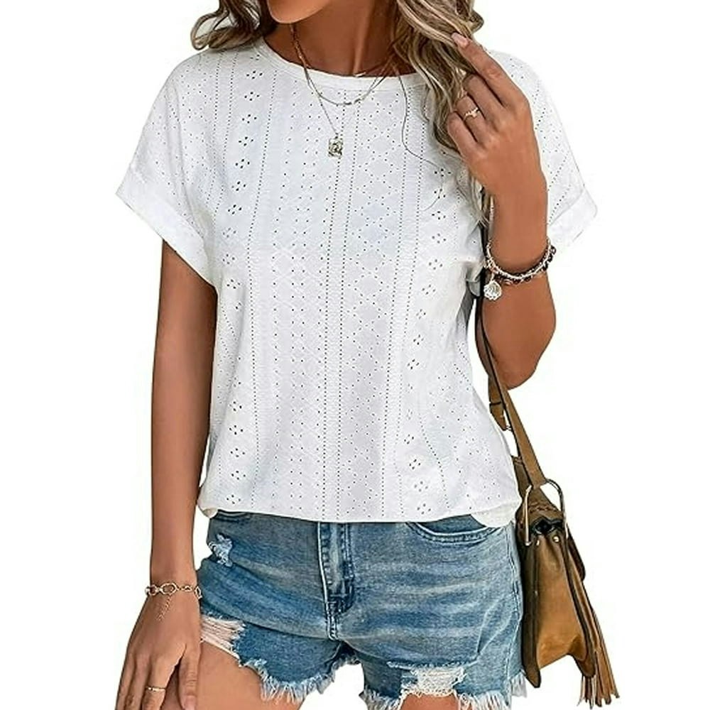 Temofon Women's Eyelet Embroidery Short Sleeve Crewneck Blouse: $12.86 Temofon Women's Eyelet Embroidery Short Sleeve Crewneck Blouse: $12.86