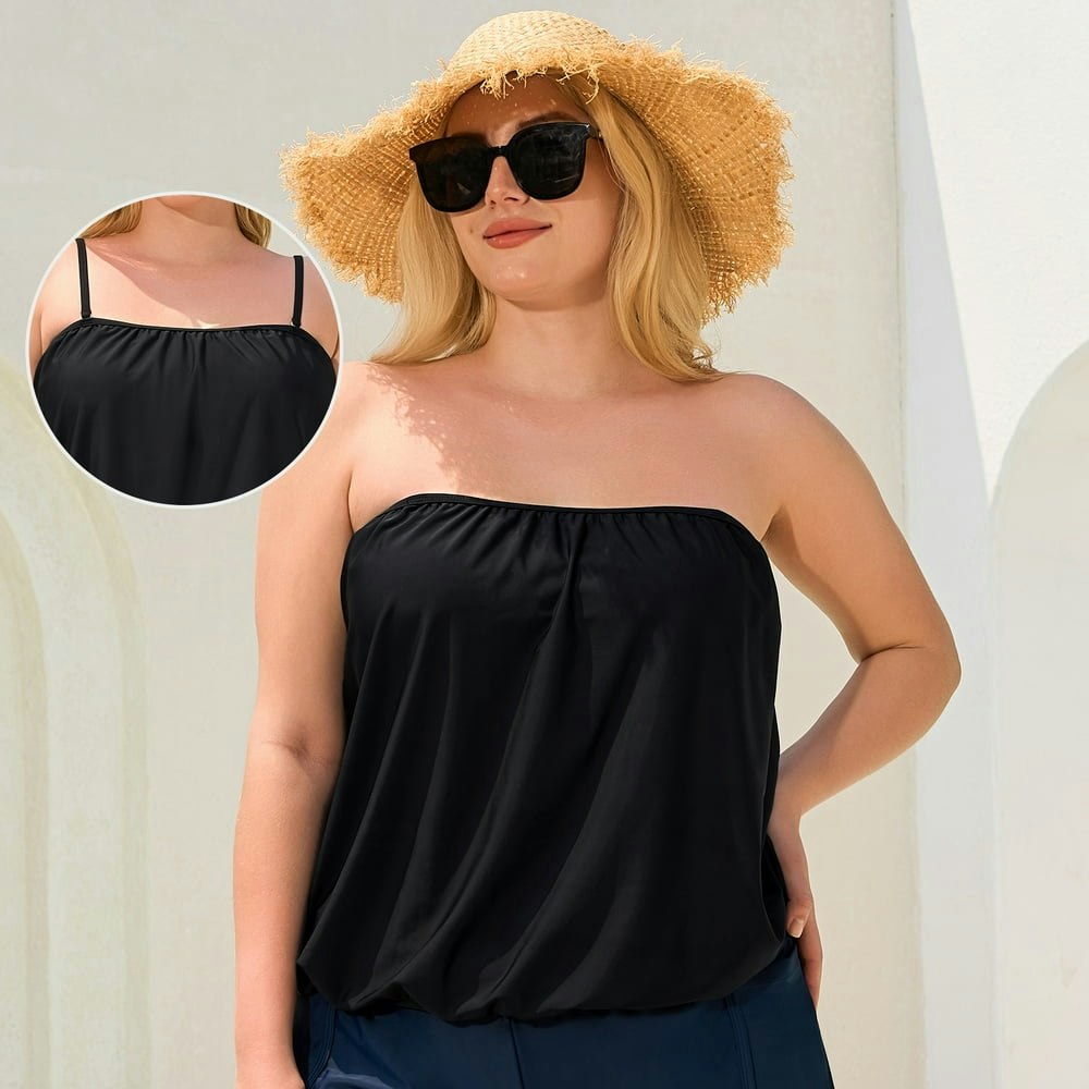 Women's Plus Size Blouson Bandeau Tankini Top Removable Straps Ocean Blue Black: $18.99 Women's Plus Size Blouson Bandeau Tankini Top Removable Straps Ocean Blue Black: $18.99