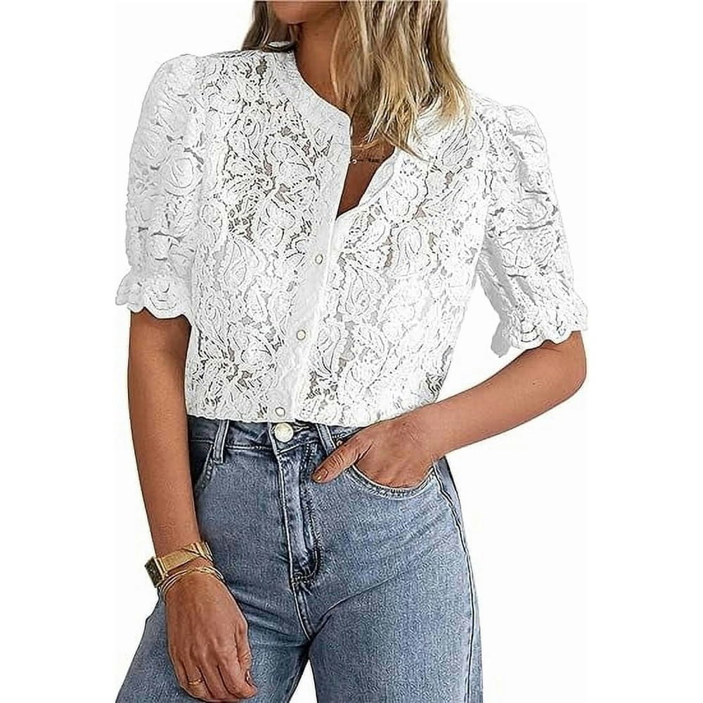 Prettygarden Women's Lace Puff Sleeve Button-Down Blouse: $38.99