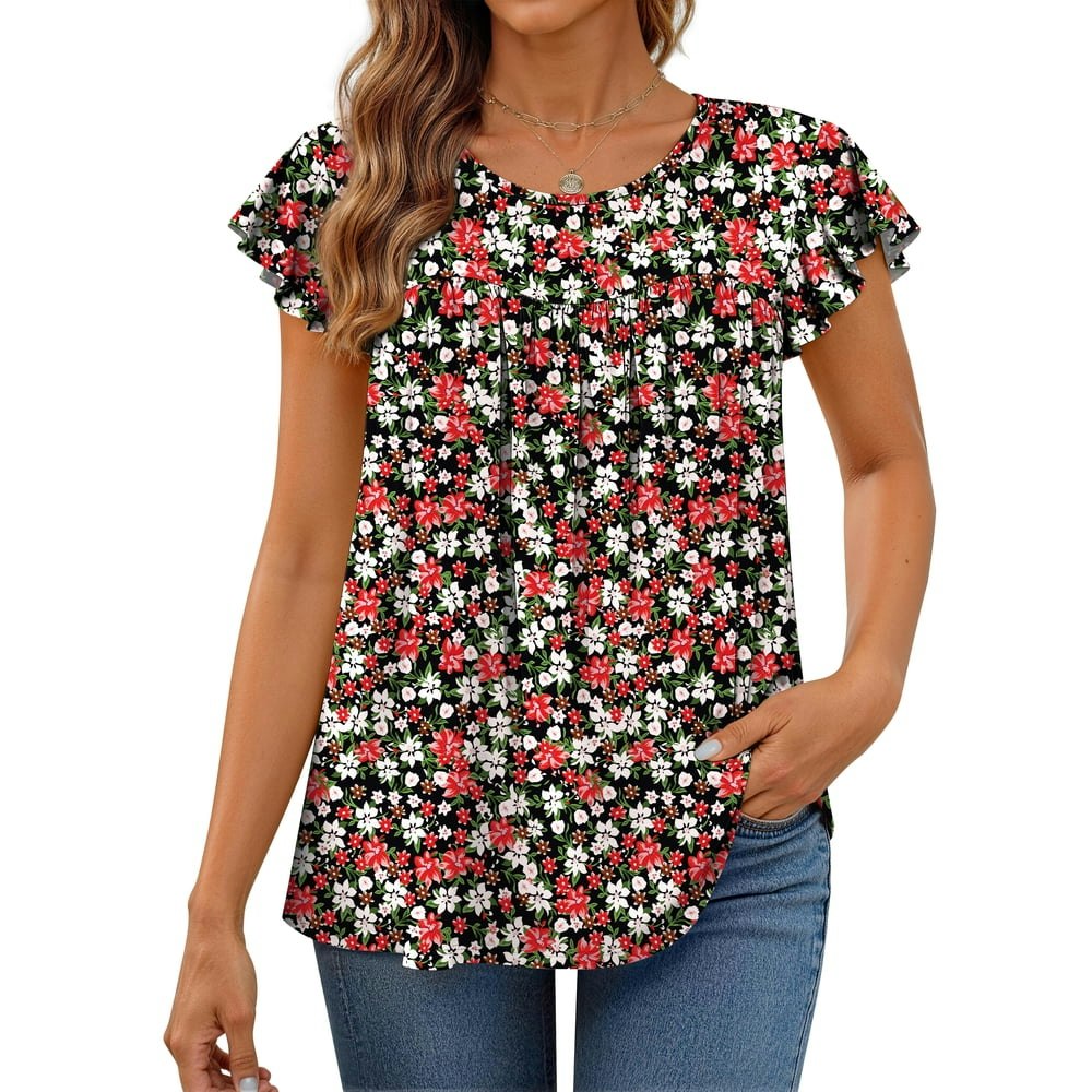 Fantaslook Women's Pleated Floral Ruffle Sleeve Tunic Blouse: $11.39