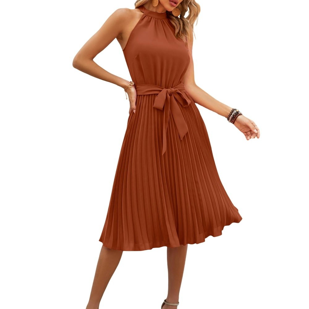FreshPretty Women's Sleeveless Halter Neck Pleated Midi Dress with Belt: $25.99 FreshPretty Women's Sleeveless Halter Neck Pleated Midi Dress with Belt: $25.99
