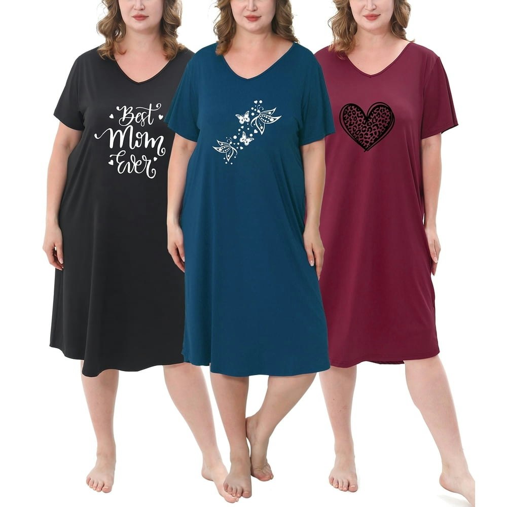 Feremo Plus Size V-Neck Printed Nightgowns 3-Pack: $26.99