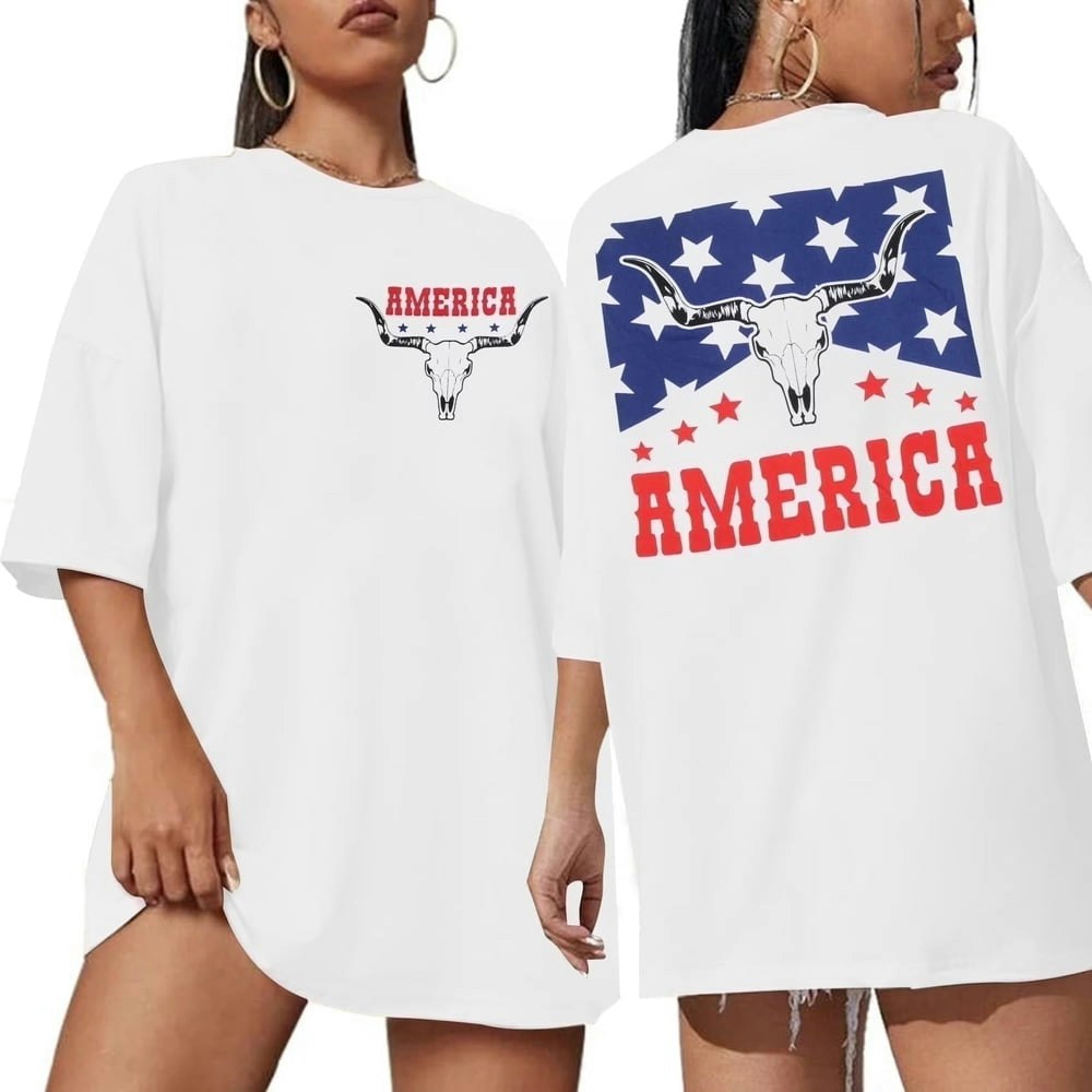 Mousya Women's American Flag Cow Skull T-Shirt: $13.79 Mousya Women's American Flag Cow Skull T-Shirt: $13.79