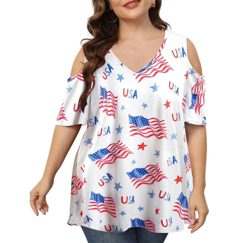 Dexio Plus Size Women's American Flag V-Neck Cold Shoulder Shirt 2X: $14.39 Dexio Plus Size Women's American Flag V-Neck Cold Shoulder Shirt 2X: $14.39