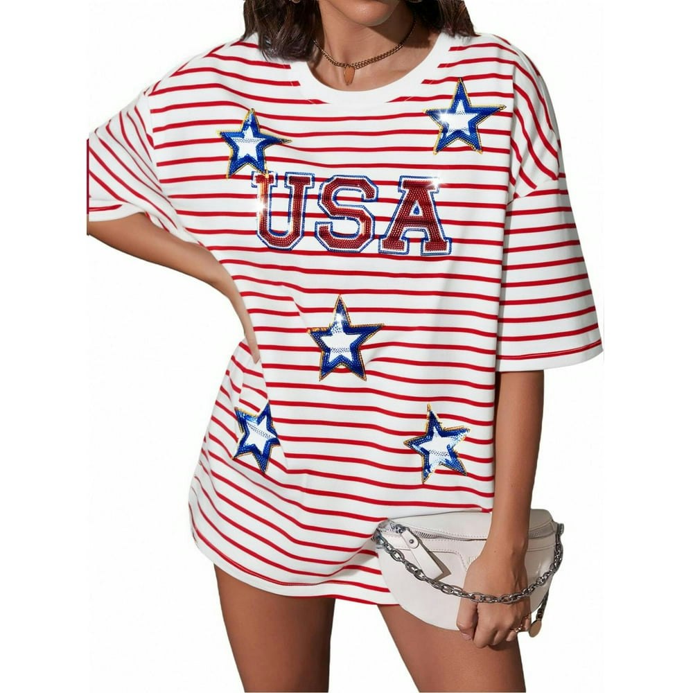 KimSoong Women's Oversized Sequin Stars Patriotic Graphic T-Shirt: $14.89 KimSoong Women's Oversized Sequin Stars Patriotic Graphic T-Shirt: $14.89