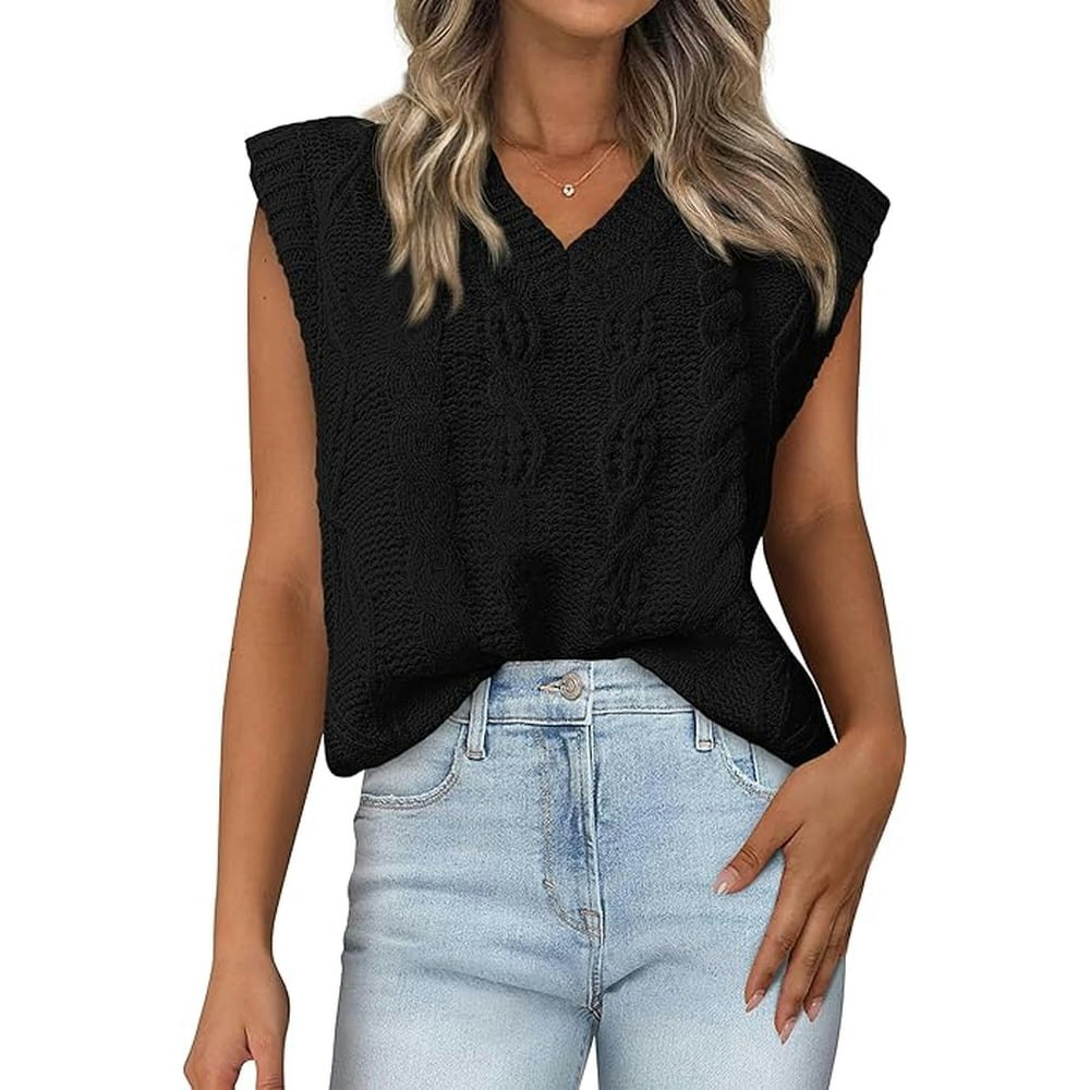 FreshPretty Women's Oversized V-Neck Sleeveless Cable Knit Sweater Vest: $18.99
