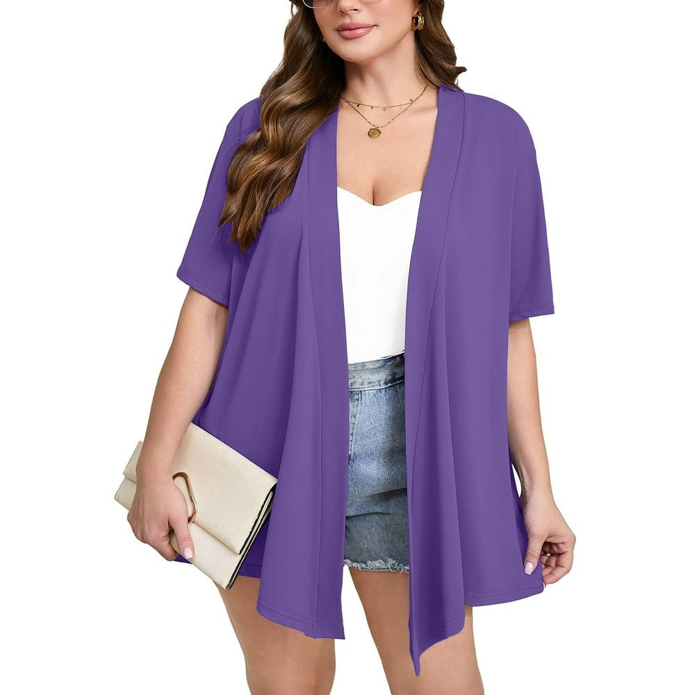 Showmall Women's Plus Size Short Sleeve Open Front Cardigan Purple 3X: $13.46